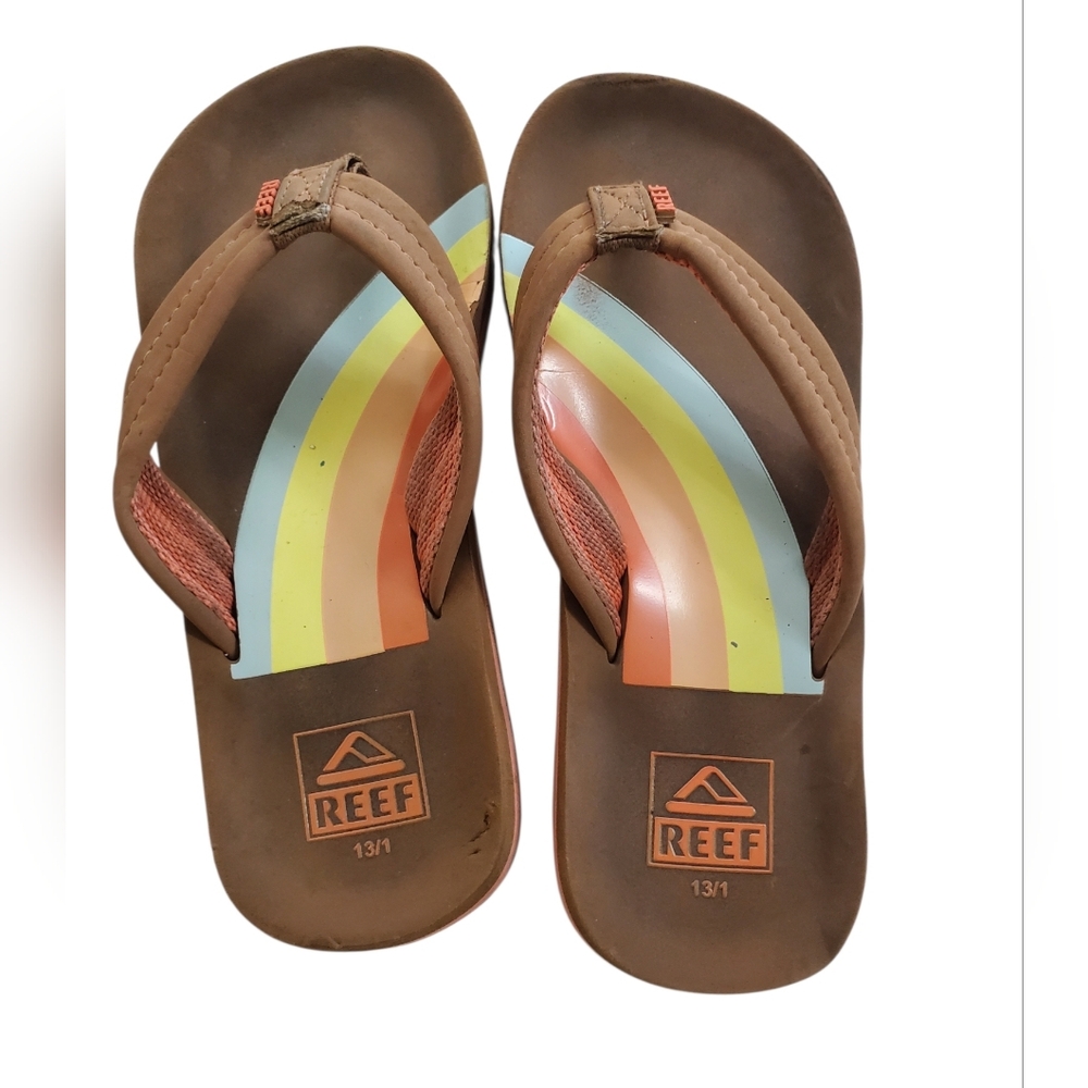 Reef Kids Brown Flip Flops with Blue Yellow Pink Orange Rainbow Stripes